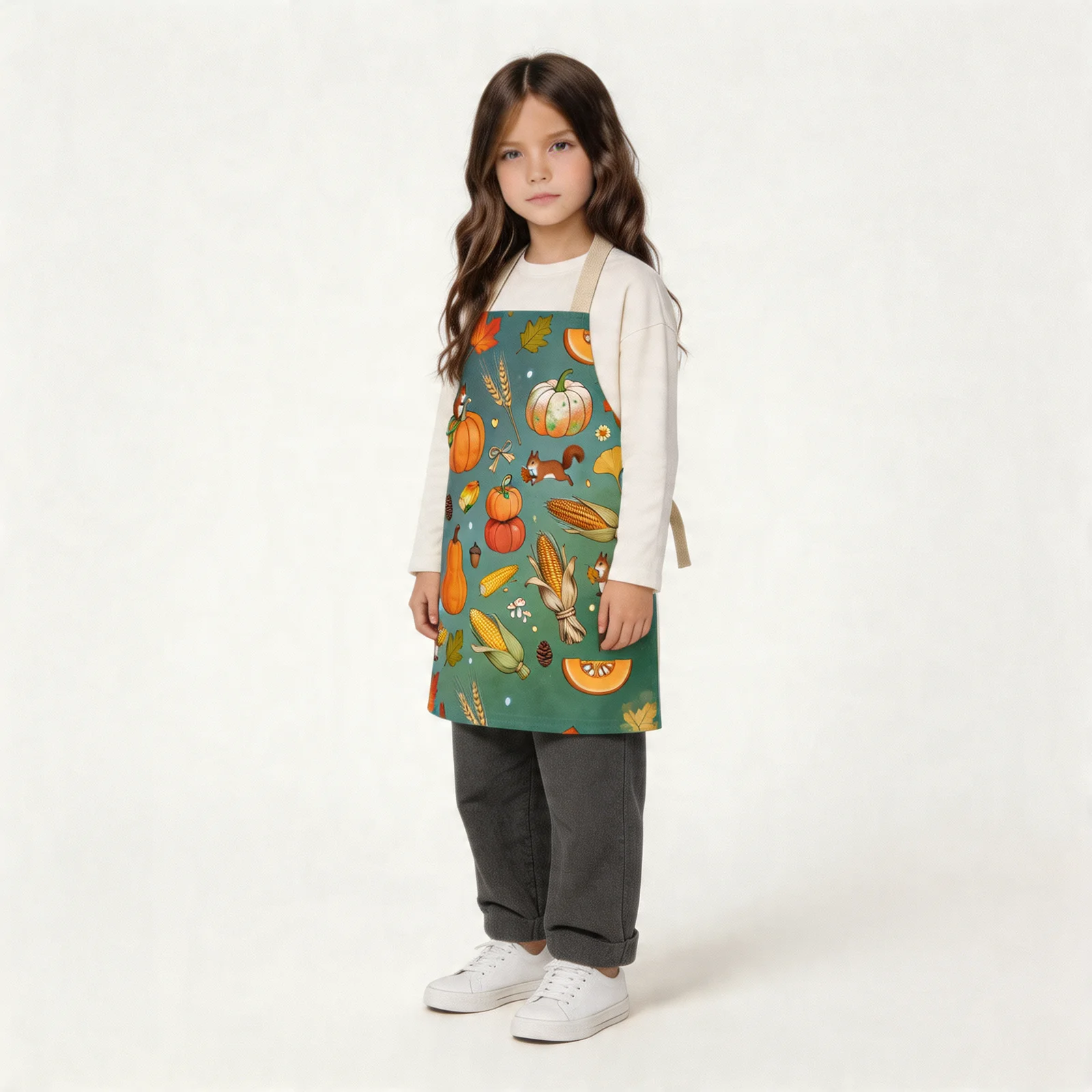 Harvest Pumpkin Patch All-Over Print Apron — worn by young model