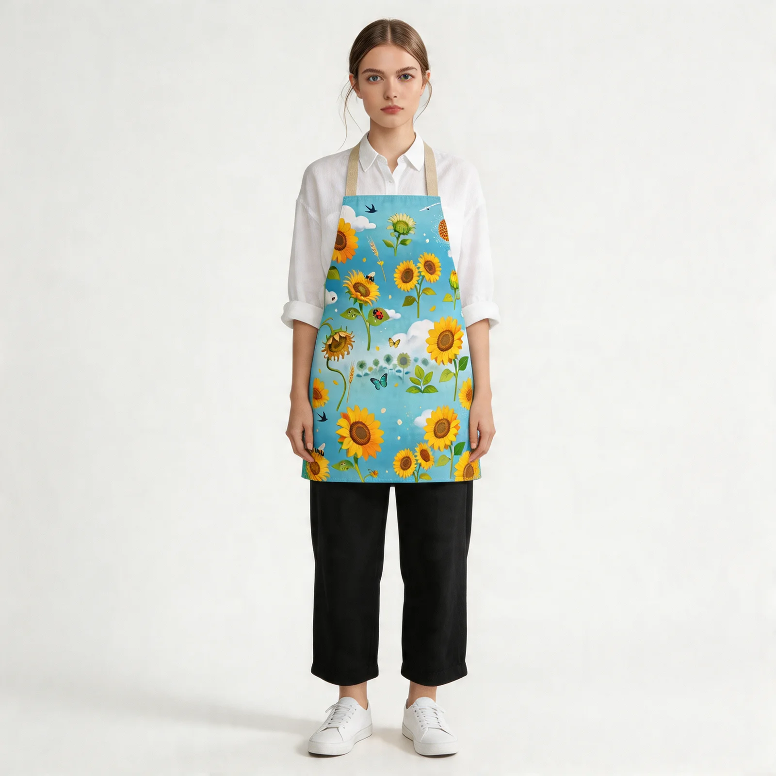 Sunflower Field & Blue Sky All-Over Print Apron — worn by model