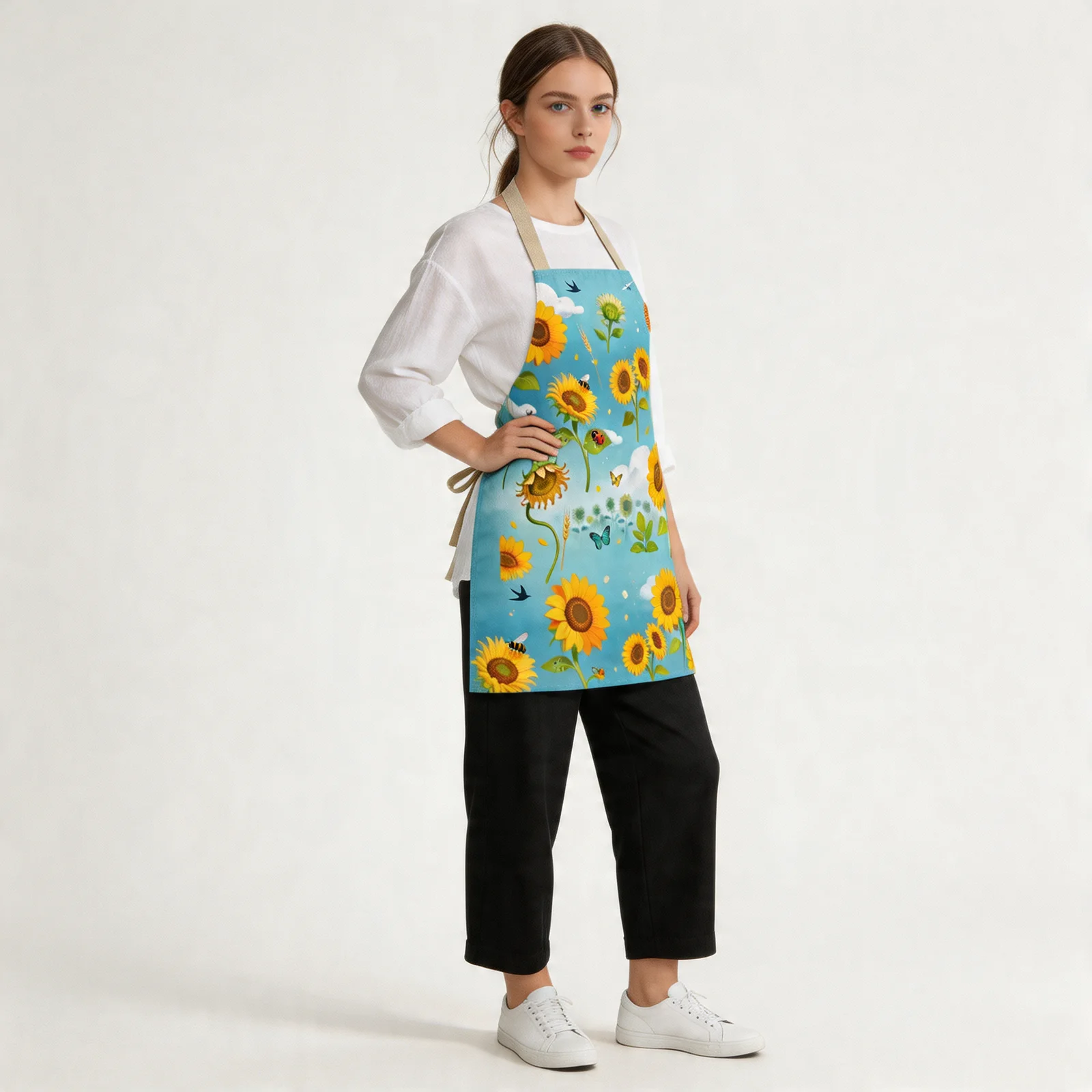 Sunflower Field & Blue Sky All-Over Print Apron — worn by model