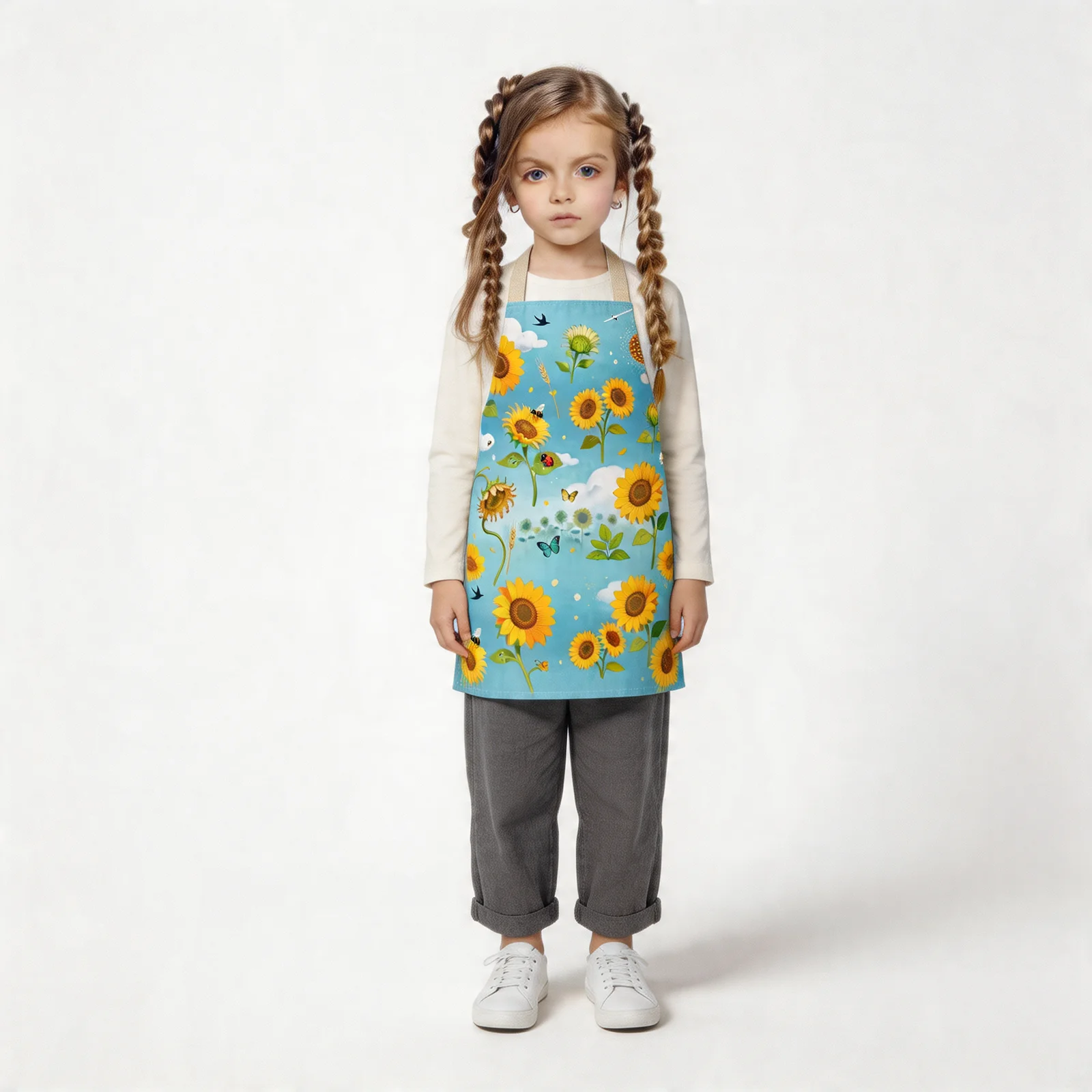 Sunflower Field & Blue Sky All-Over Print Apron — worn by young model
