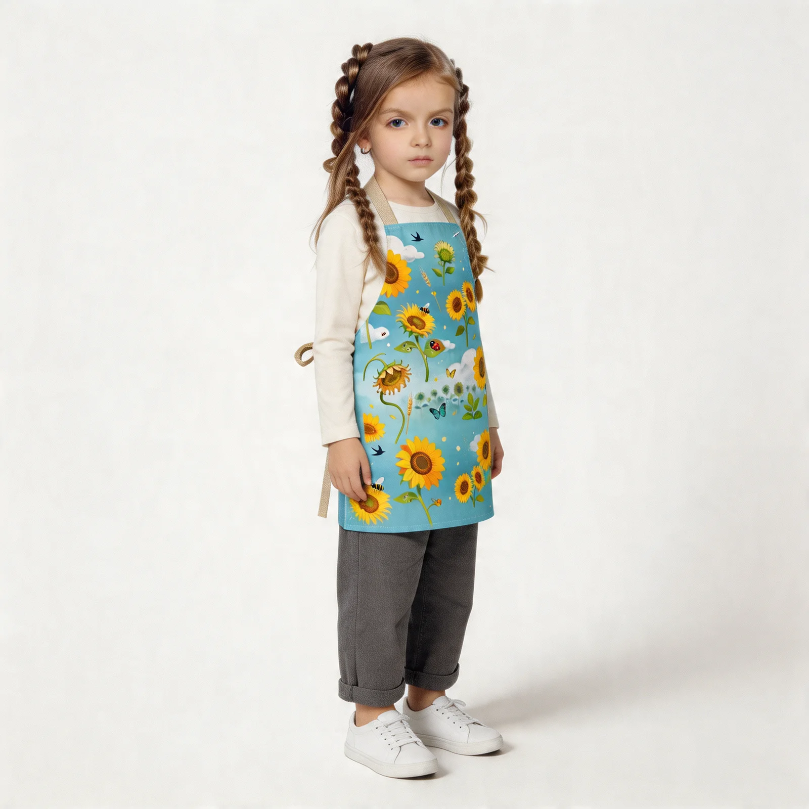 Sunflower Field & Blue Sky All-Over Print Apron — worn by young model