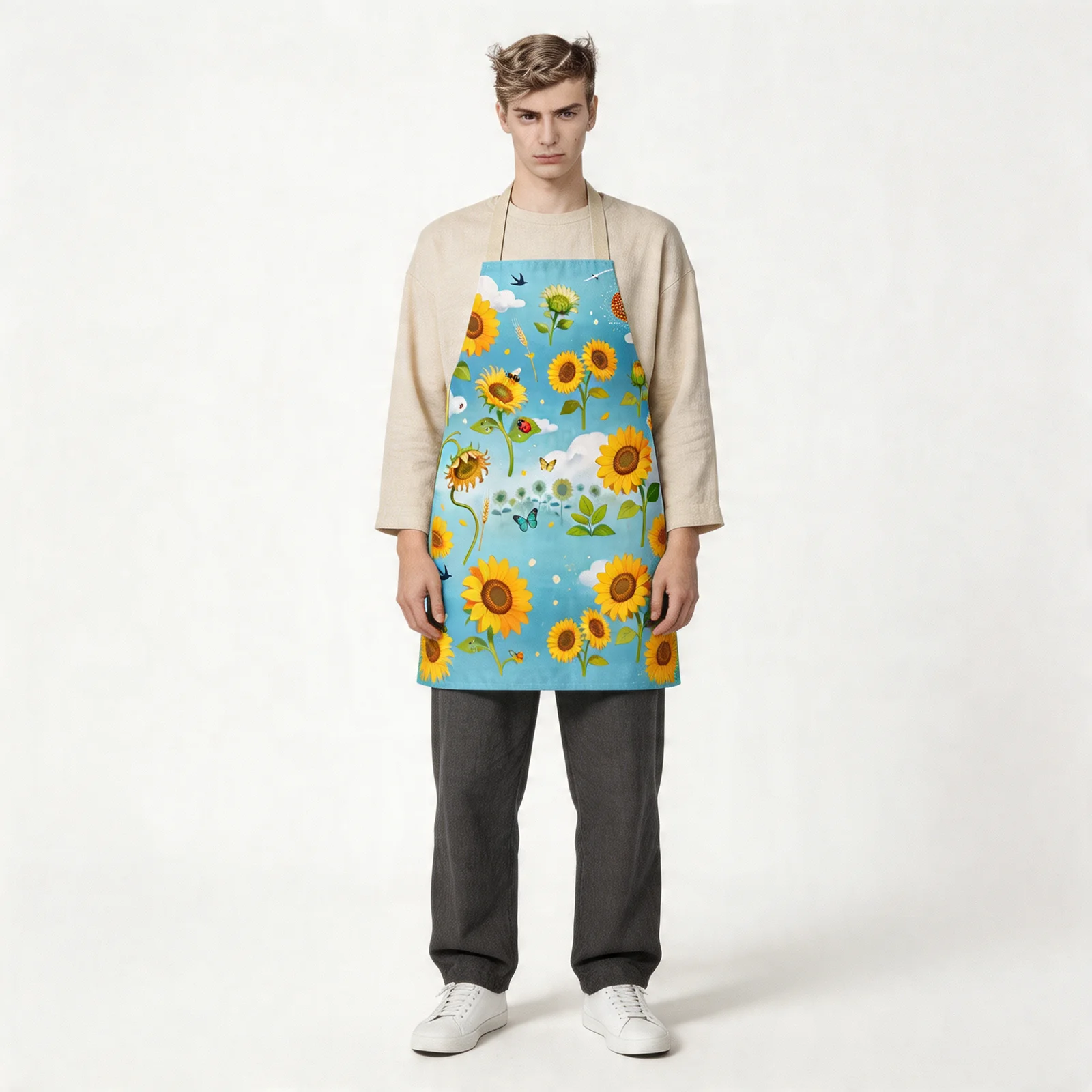 Sunflower Field & Blue Sky All-Over Print Apron — worn by model
