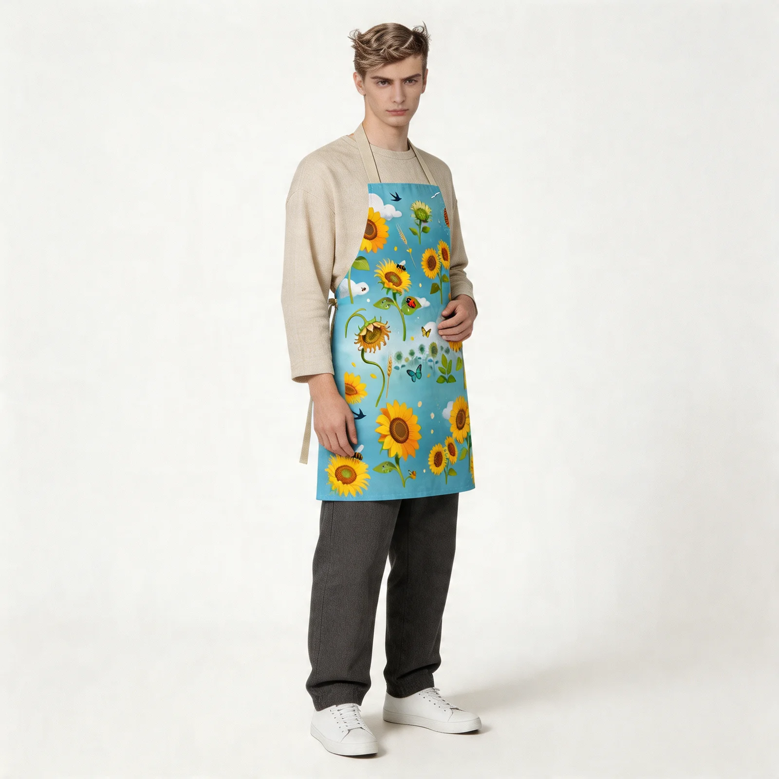Sunflower Field & Blue Sky All-Over Print Apron — worn by model