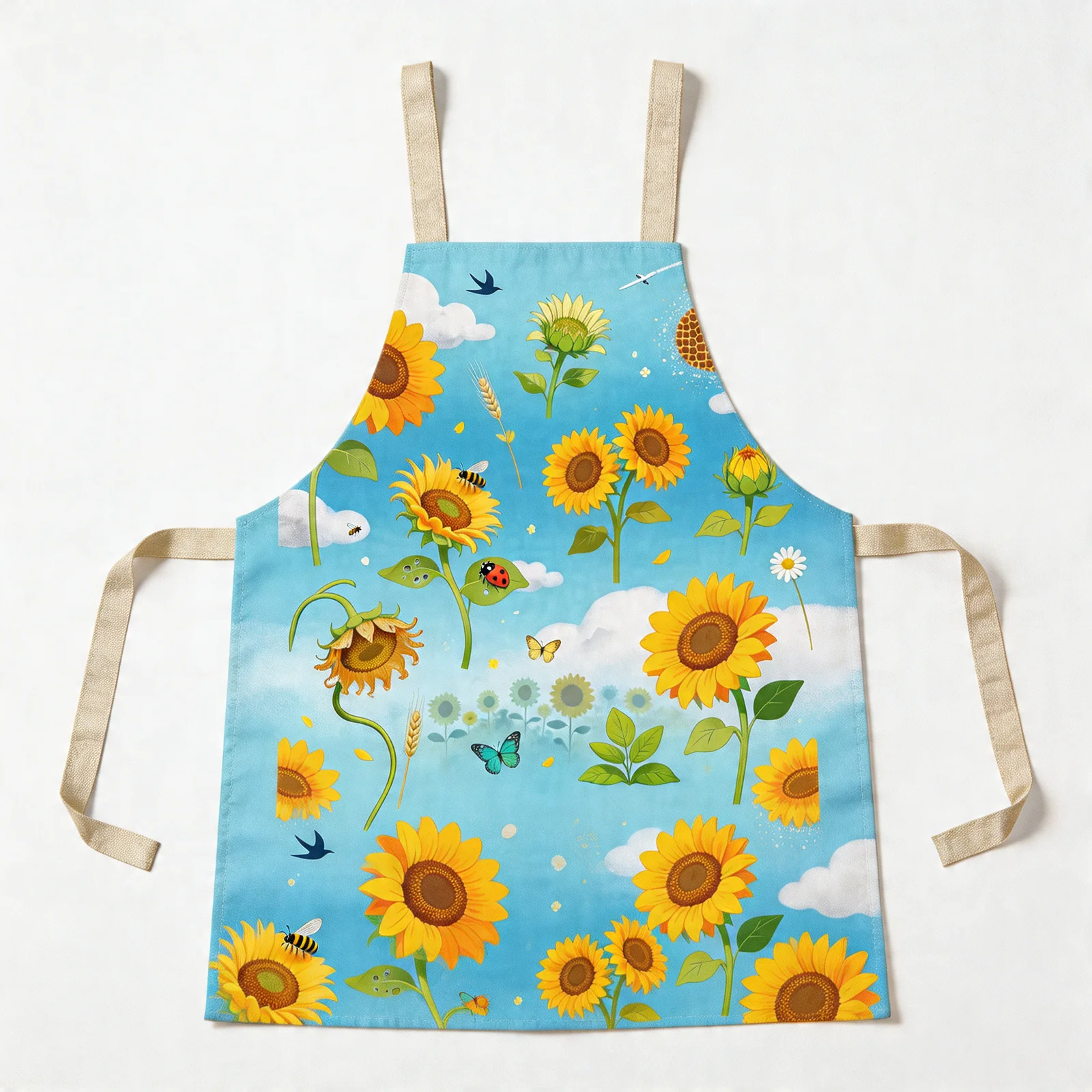 Sunflower Field & Blue Sky All-Over Print Apron — flat lay