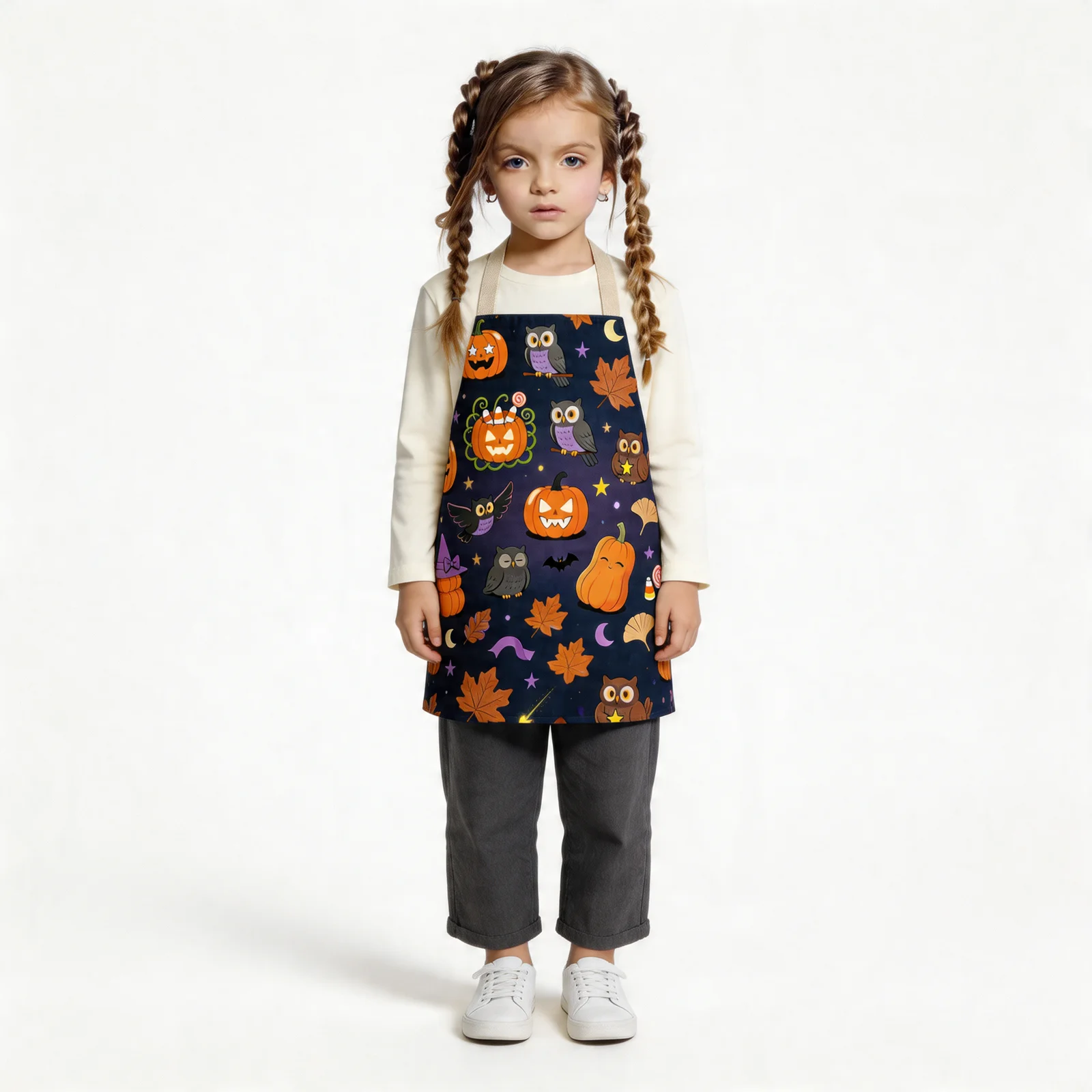 Whimsical Pumpkin Night All-Over Print Apron — worn by young model