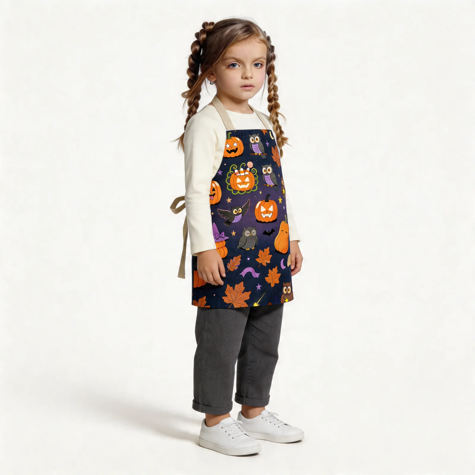 Whimsical Pumpkin Night All-Over Print Apron — worn by young model