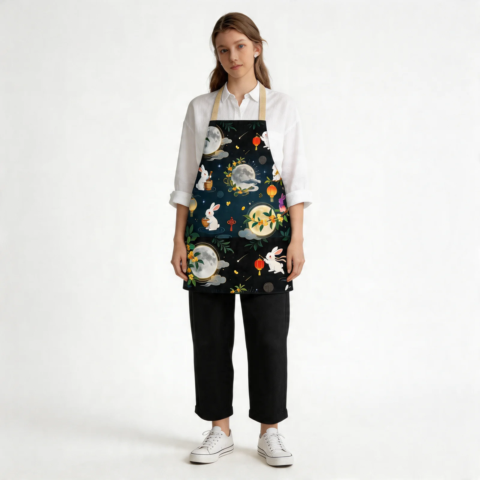 Moonlit Osmanthus & Jade Rabbit All-Over Print Apron — worn by model