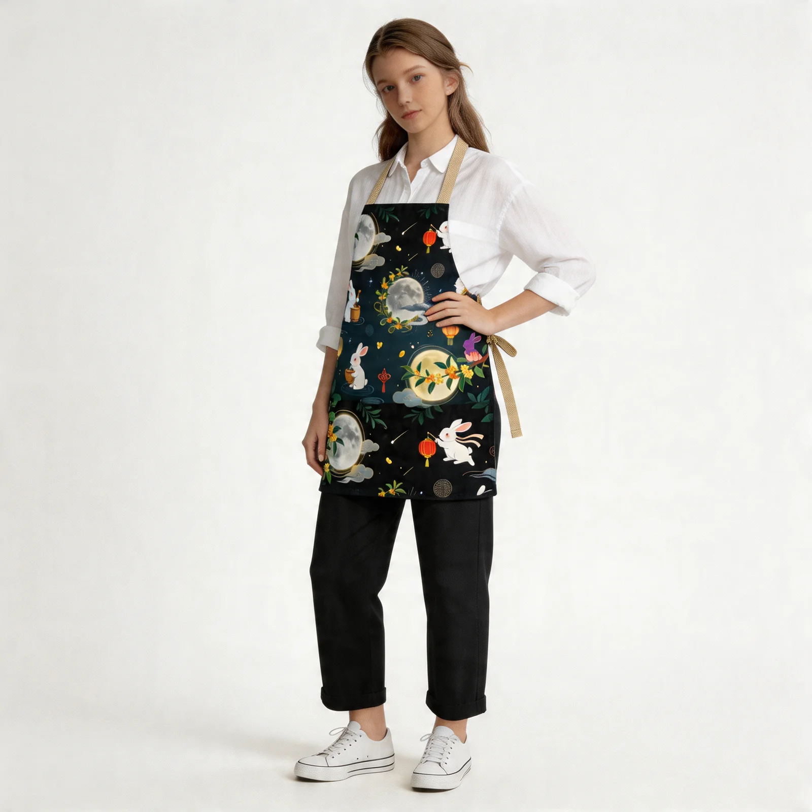 Moonlit Osmanthus & Jade Rabbit All-Over Print Apron — worn by model