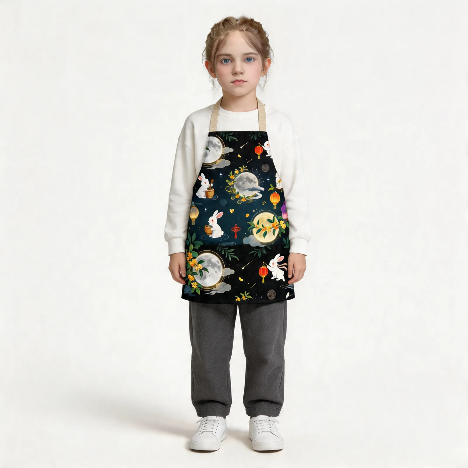Moonlit Osmanthus & Jade Rabbit All-Over Print Apron — worn by young model