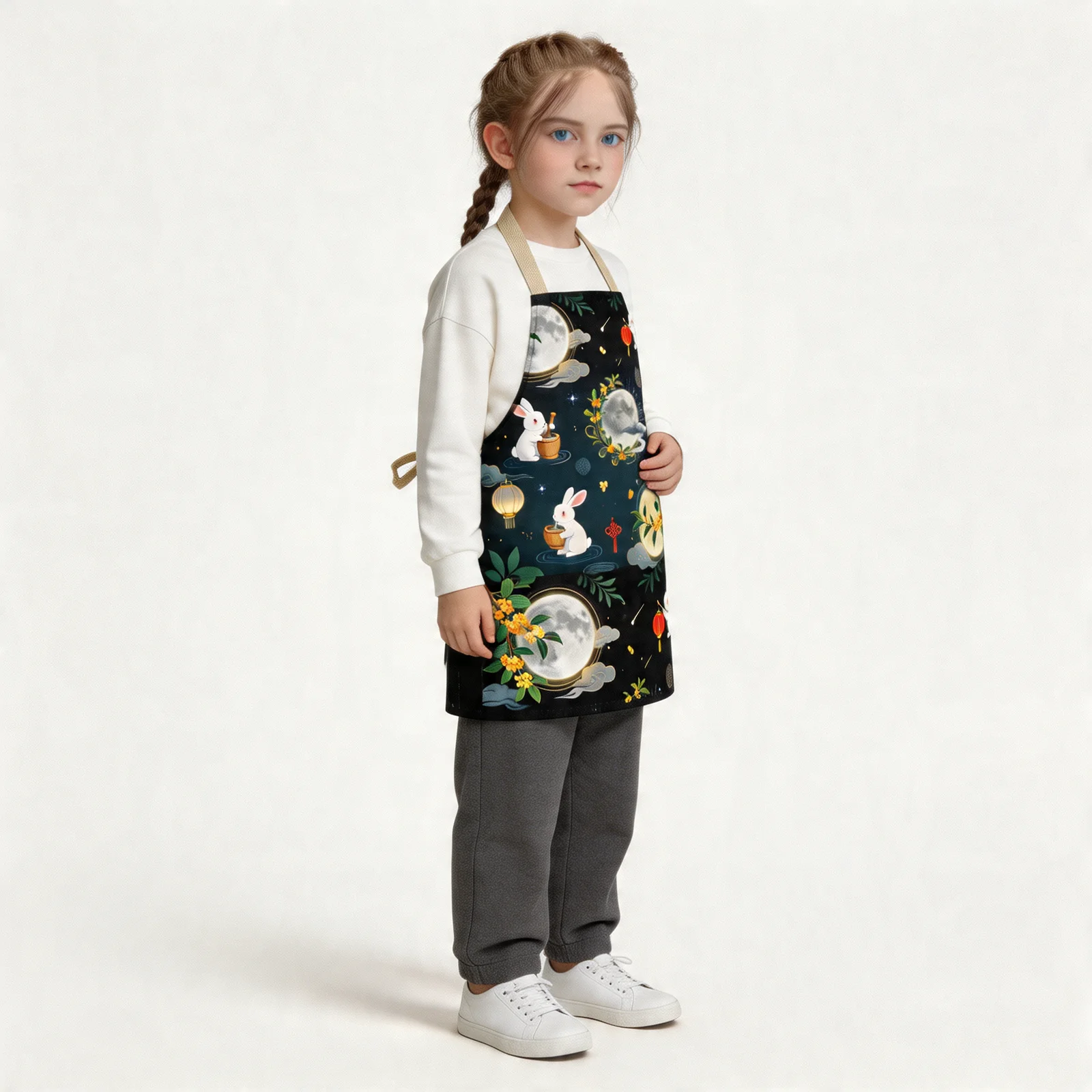 Moonlit Osmanthus & Jade Rabbit All-Over Print Apron — worn by young model
