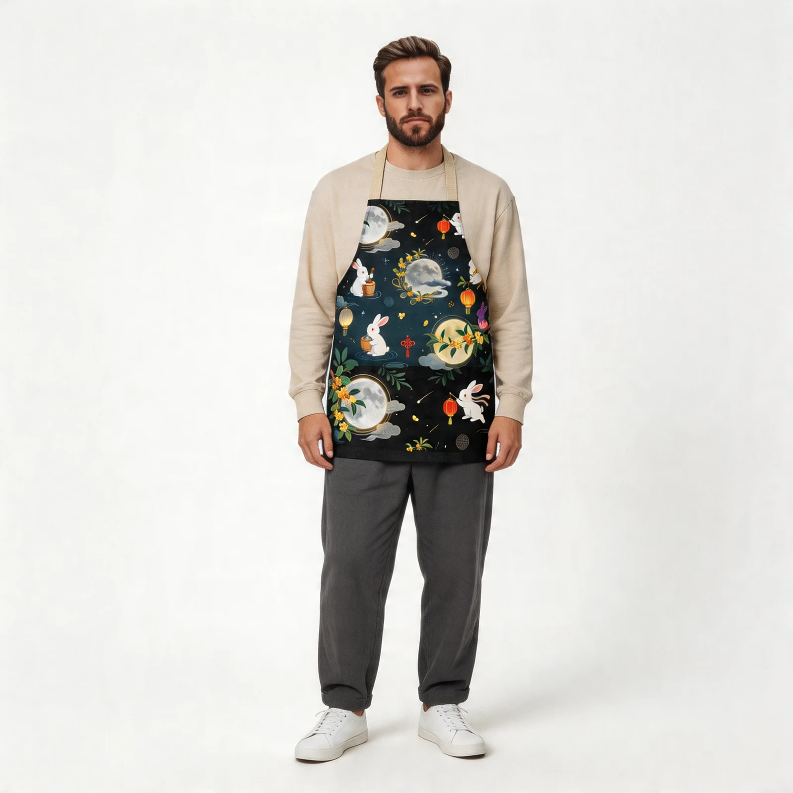 Moonlit Osmanthus & Jade Rabbit All-Over Print Apron — worn by model