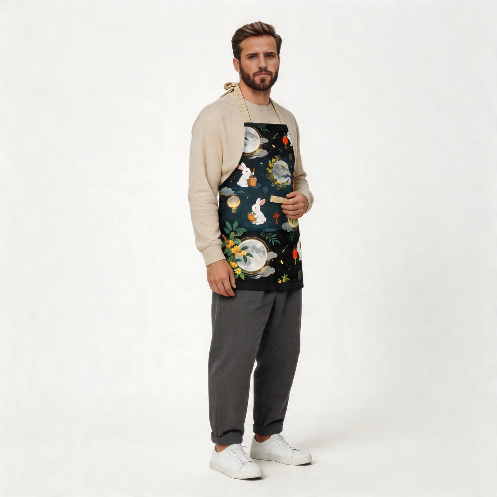 Moonlit Osmanthus & Jade Rabbit All-Over Print Apron — worn by model