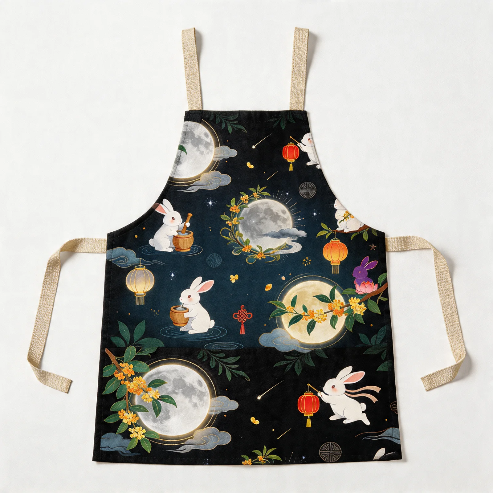 Moonlit Osmanthus & Jade Rabbit All-Over Print Apron — flat lay