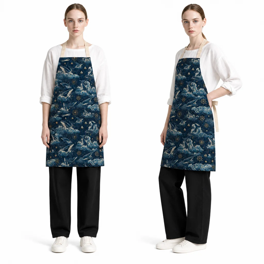 Deep Blue Whale Song All-Over Print Apron - worn by model
