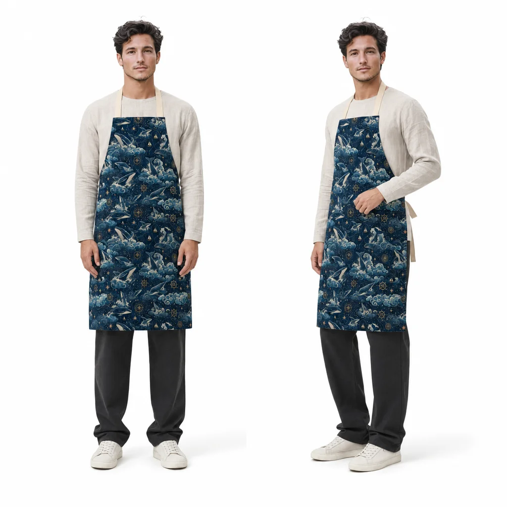Deep Blue Whale Song All-Over Print Apron - worn by model