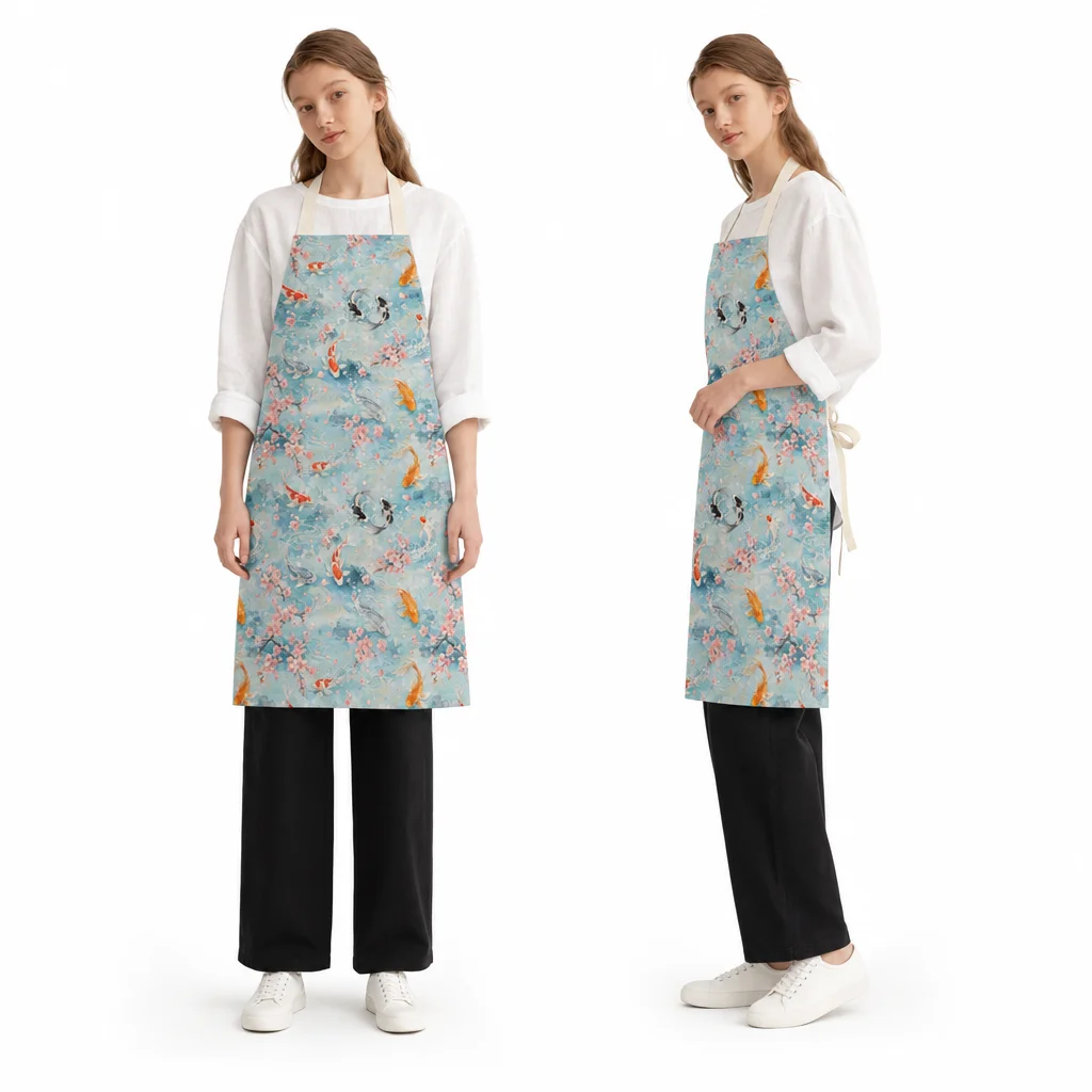 Koi Sakura Stream All-Over Print Apron - worn by model
