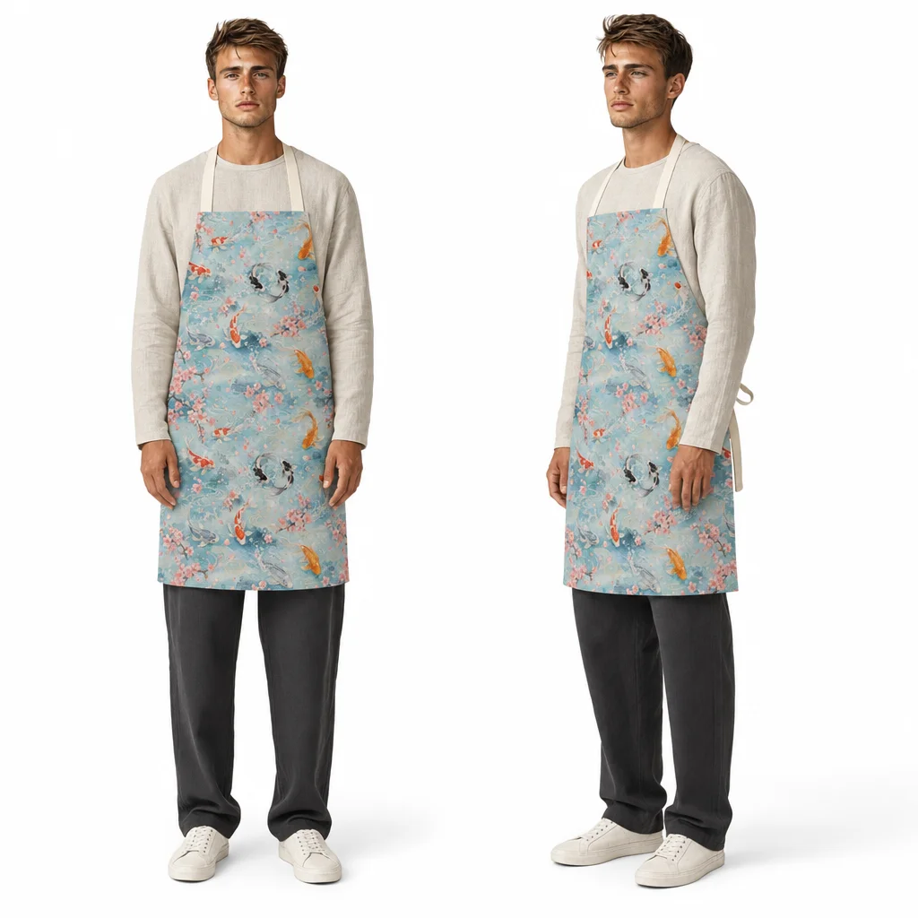 Koi Sakura Stream All-Over Print Apron - worn by model