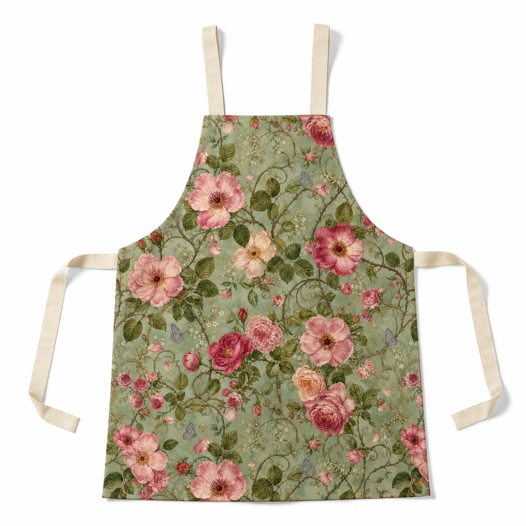 English Wild Rose Vines All-Over Print Apron - flat lay