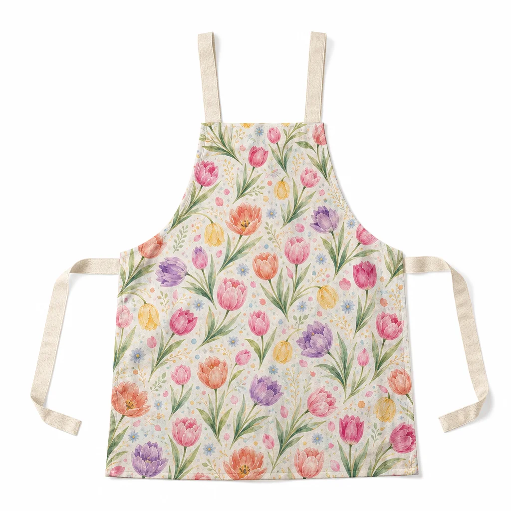 Watercolor Tulip Spring Bouquet All-Over Print Apron - flat lay