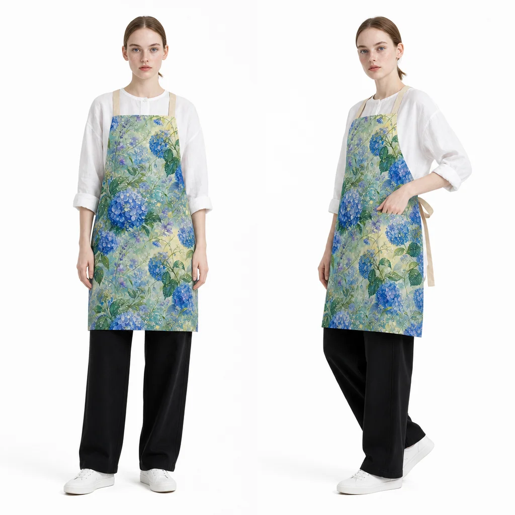 Blue Hydrangea Morning Dew All-Over Print Apron - worn by model