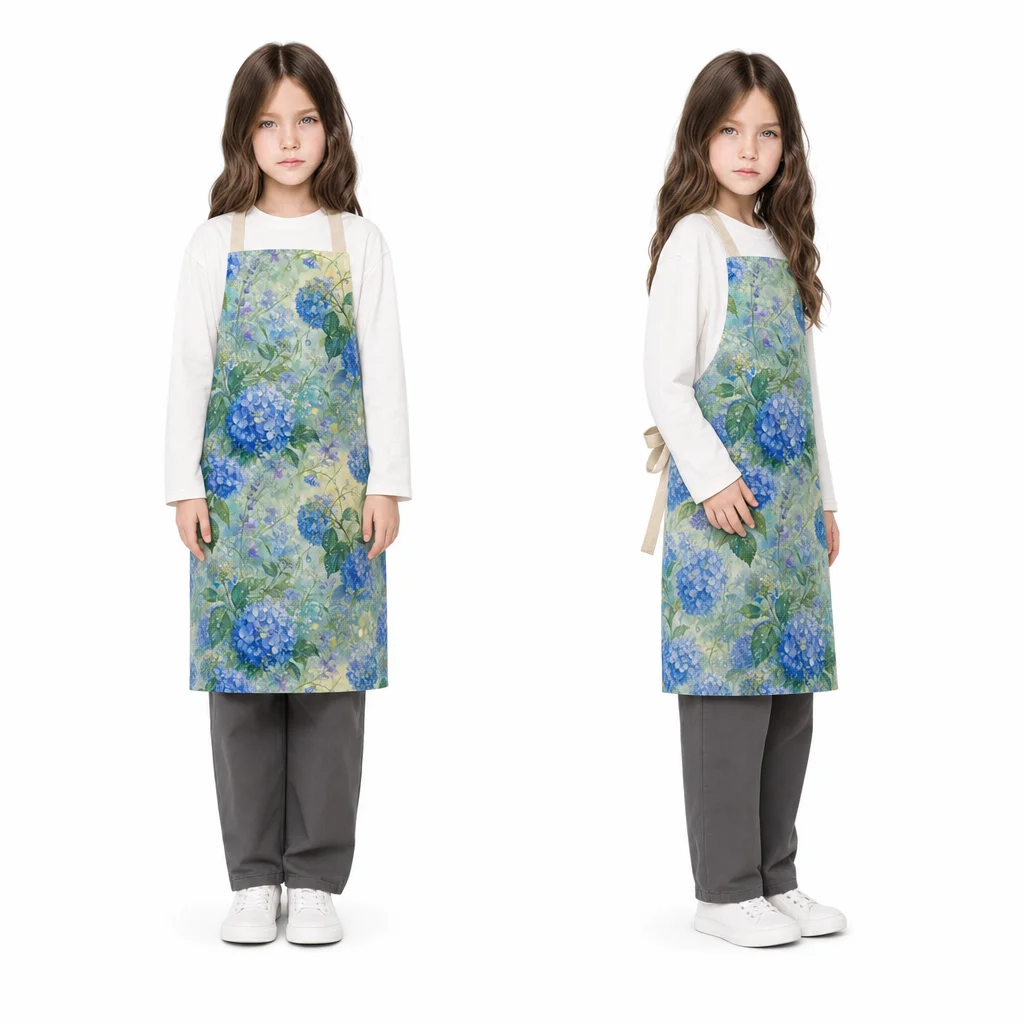 Blue Hydrangea Morning Dew All-Over Print Apron - worn by model