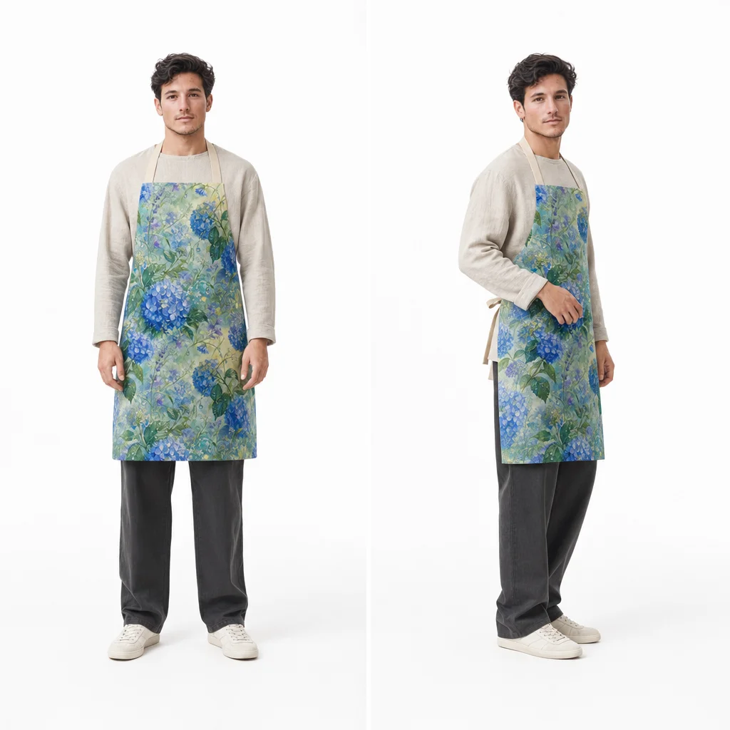 Blue Hydrangea Morning Dew All-Over Print Apron - worn by model