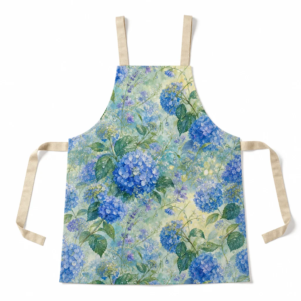 Blue Hydrangea Morning Dew All-Over Print Apron - flat lay