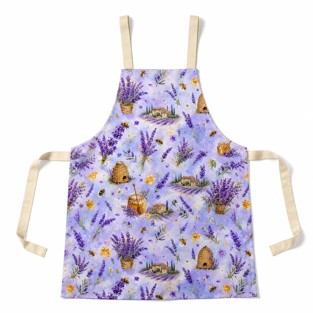 Provence Lavender Bee Garden All-Over Print Apron - flat lay
