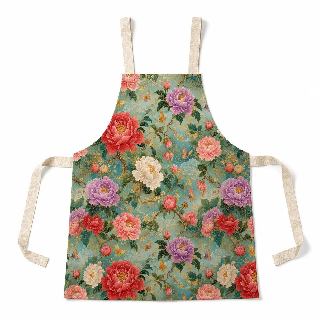 Oriental Peony Garden All-Over Print Apron - flat lay
