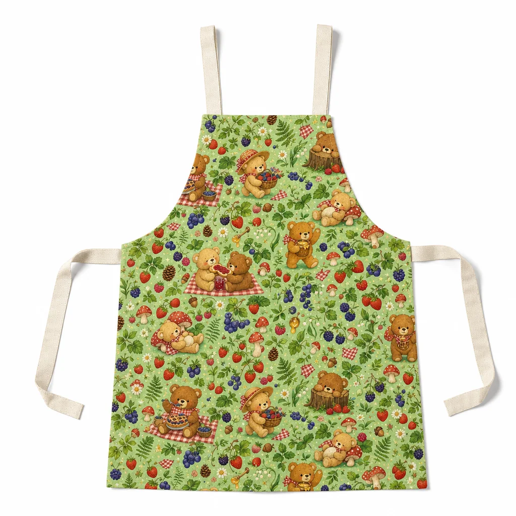 Bear Picnic Forest All-Over Print Apron - flat lay