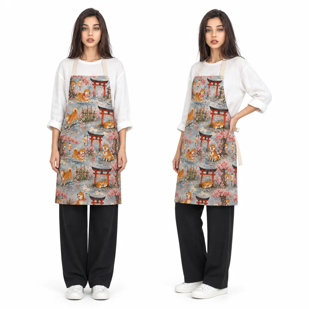 Shiba Sakura Path All-Over Print Apron - worn by model