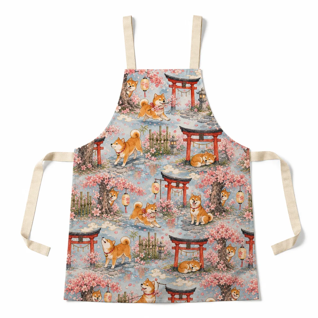 Shiba Sakura Path All-Over Print Apron - flat lay
