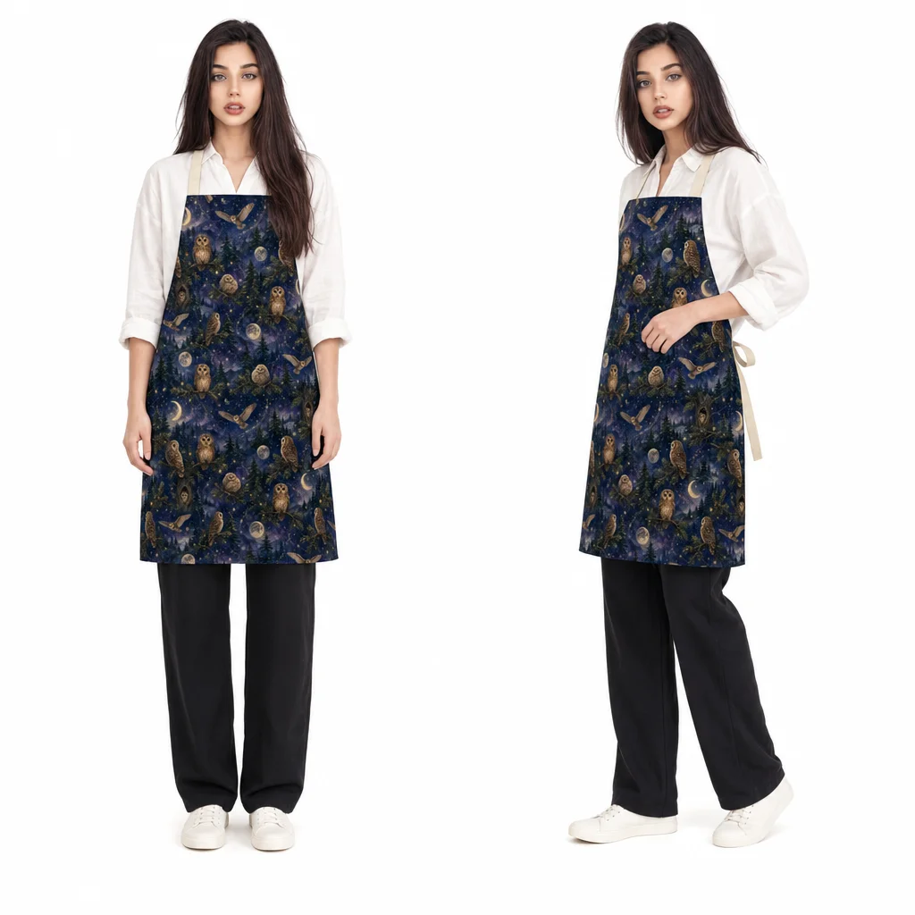 Owl Moonlit Pine Forest All-Over Print Apron - worn by model