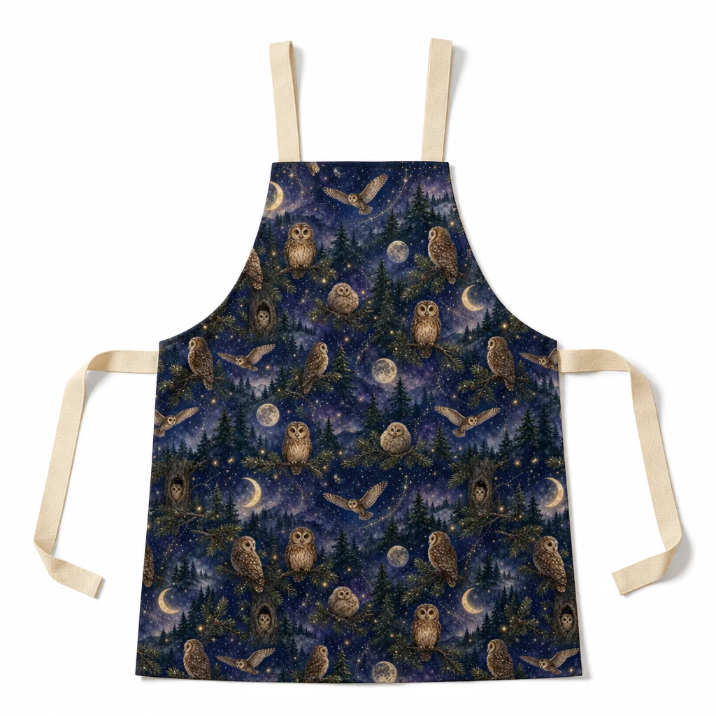 Owl Moonlit Pine Forest All-Over Print Apron - flat lay