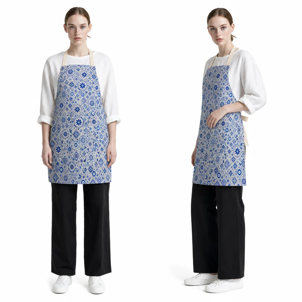 Blue Azulejo Mosaic All-Over Print Apron - worn by model