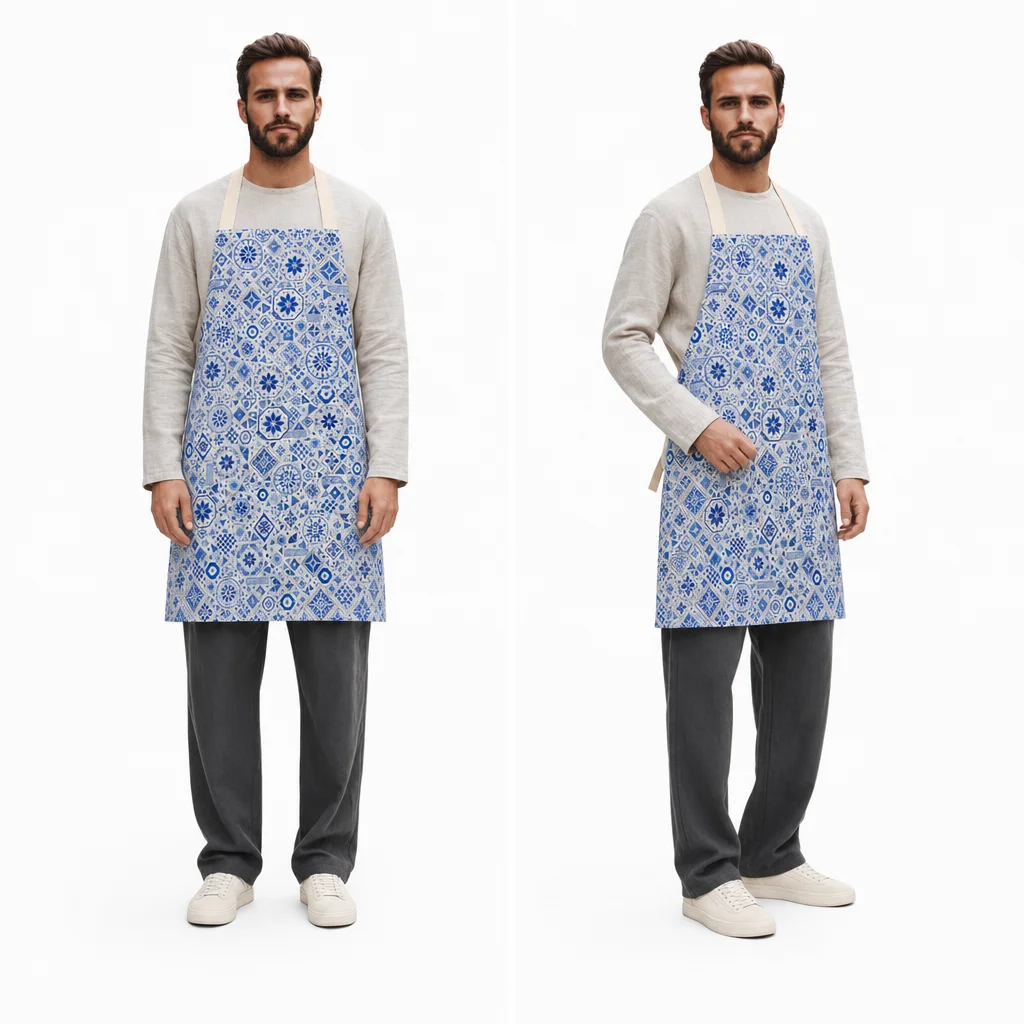 Blue Azulejo Mosaic All-Over Print Apron - worn by model