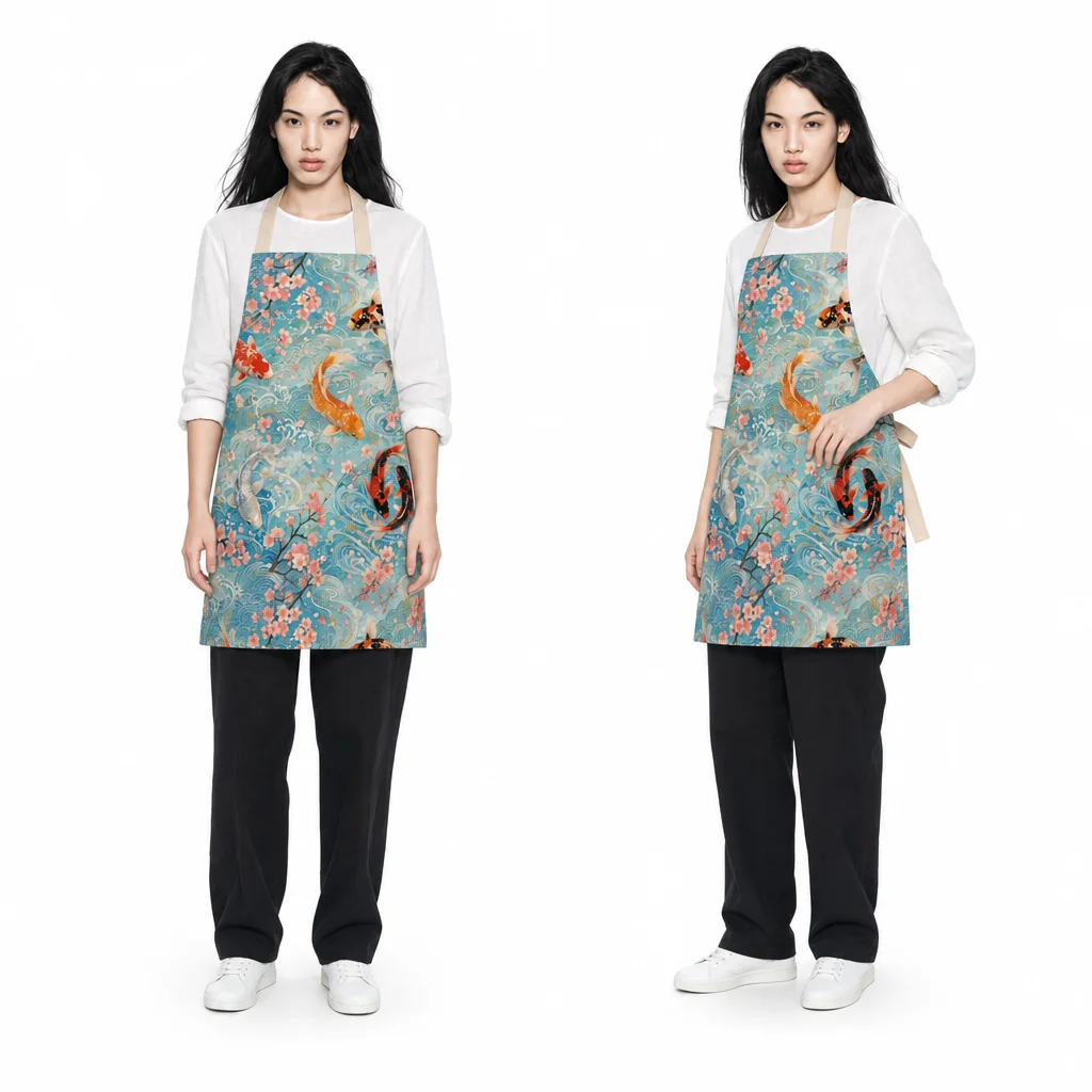 Koi Sakura Stream All-Over Print Apron - worn by model