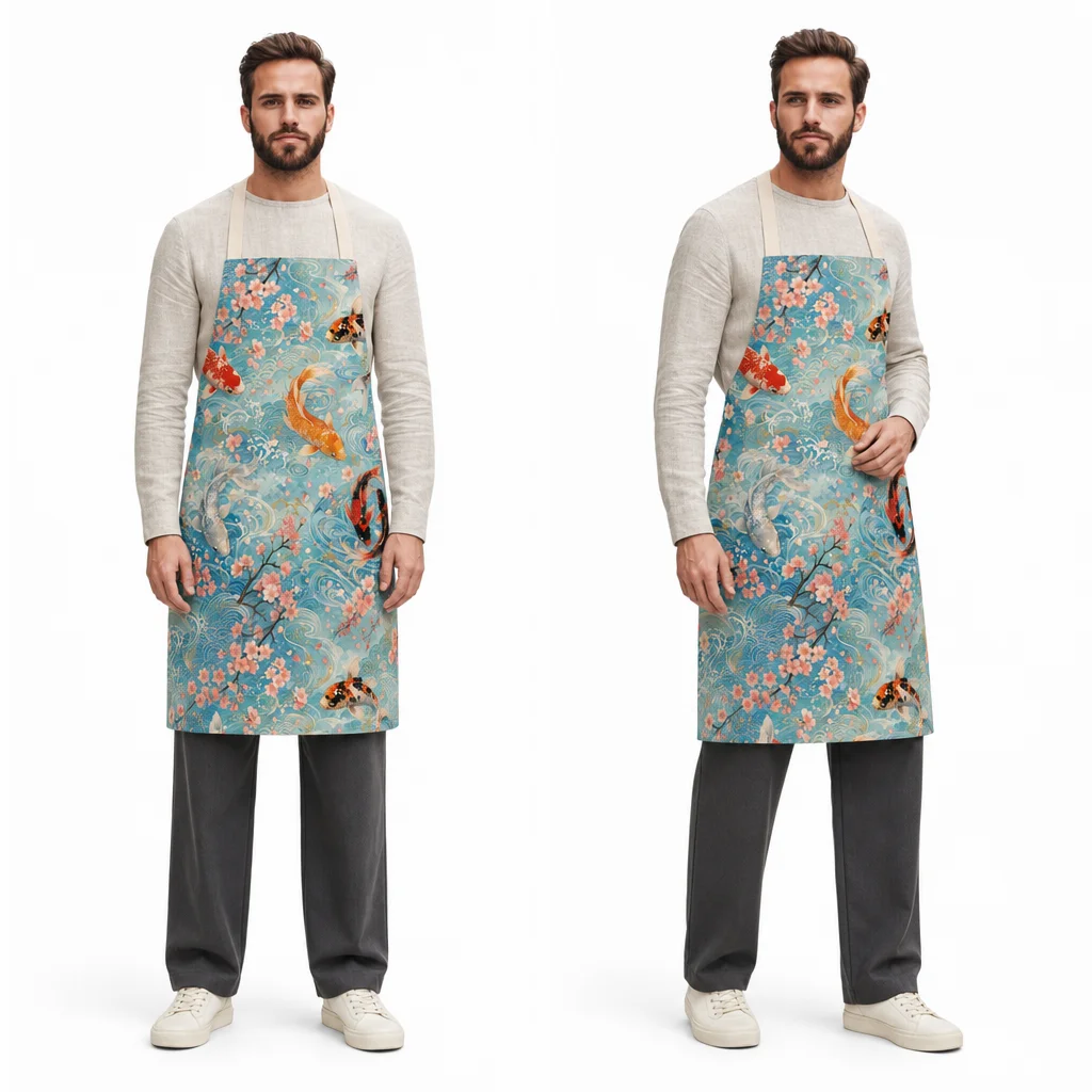 Koi Sakura Stream All-Over Print Apron - worn by model