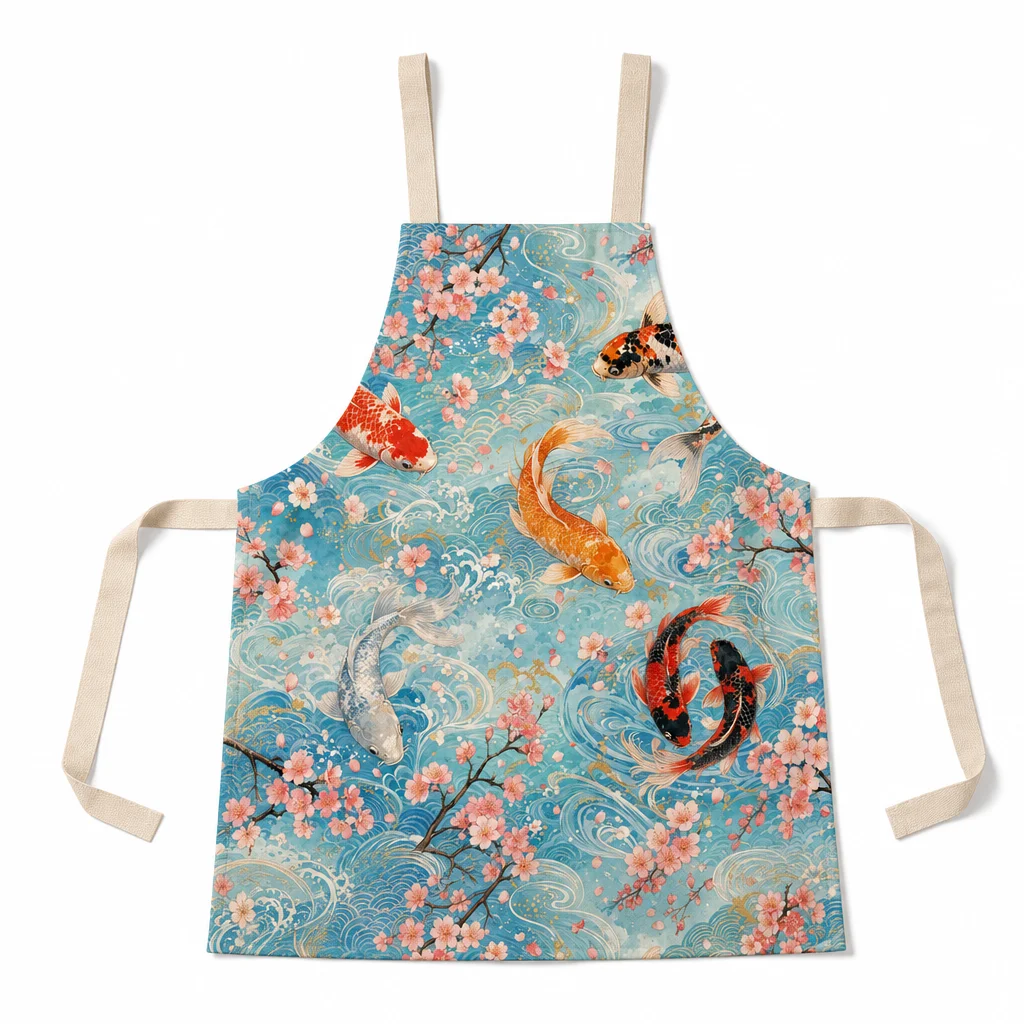 Koi Sakura Stream All-Over Print Apron - flat lay