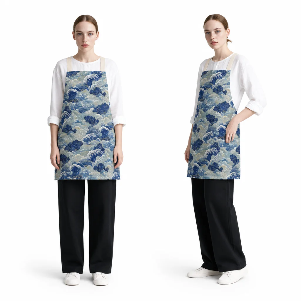 Ukiyo-e Indigo Waves All-Over Print Apron - worn by model