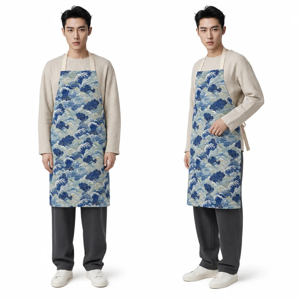 Ukiyo-e Indigo Waves All-Over Print Apron - worn by model