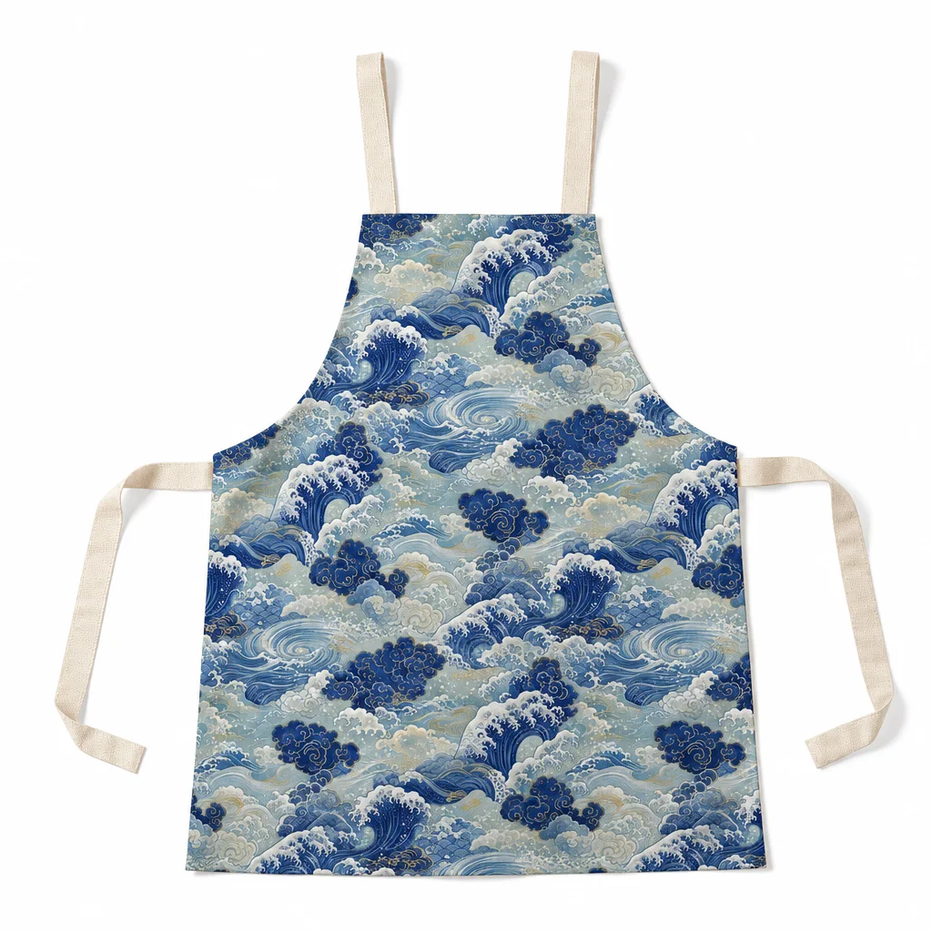 Ukiyo-e Indigo Waves All-Over Print Apron - flat lay