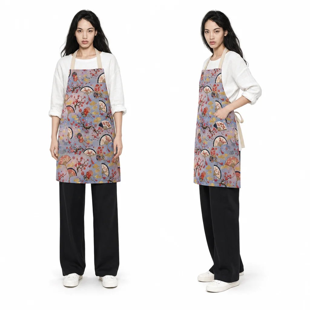 Plum Fan Japanese All-Over Print Apron - worn by model