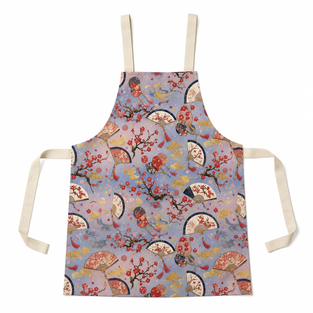 Plum Fan Japanese All-Over Print Apron - flat lay