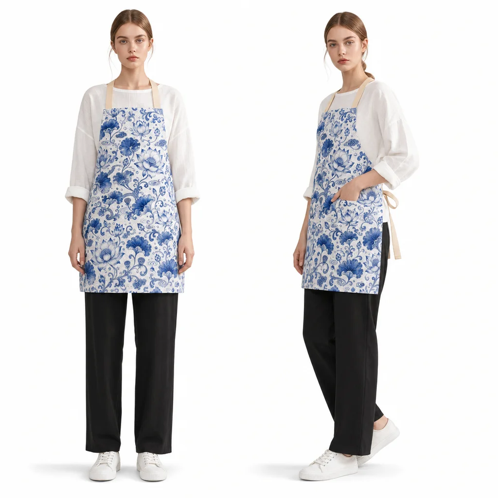 Blue Lotus Porcelain All-Over Print Apron - worn by model