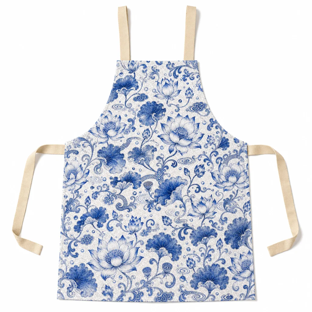 Blue Lotus Porcelain All-Over Print Apron - flat lay