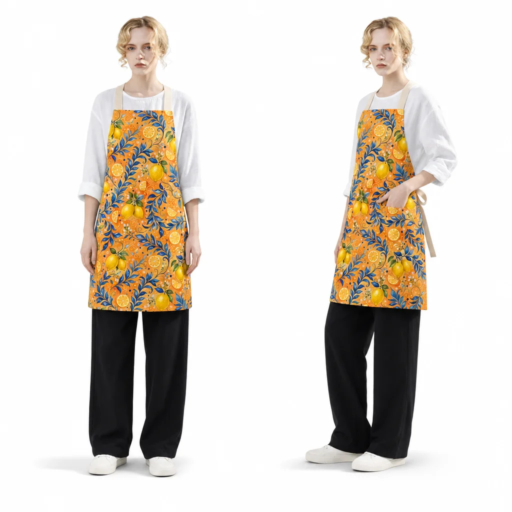 Sicilian Blue Leaf Lemon Garden All-Over Print Apron - worn by model