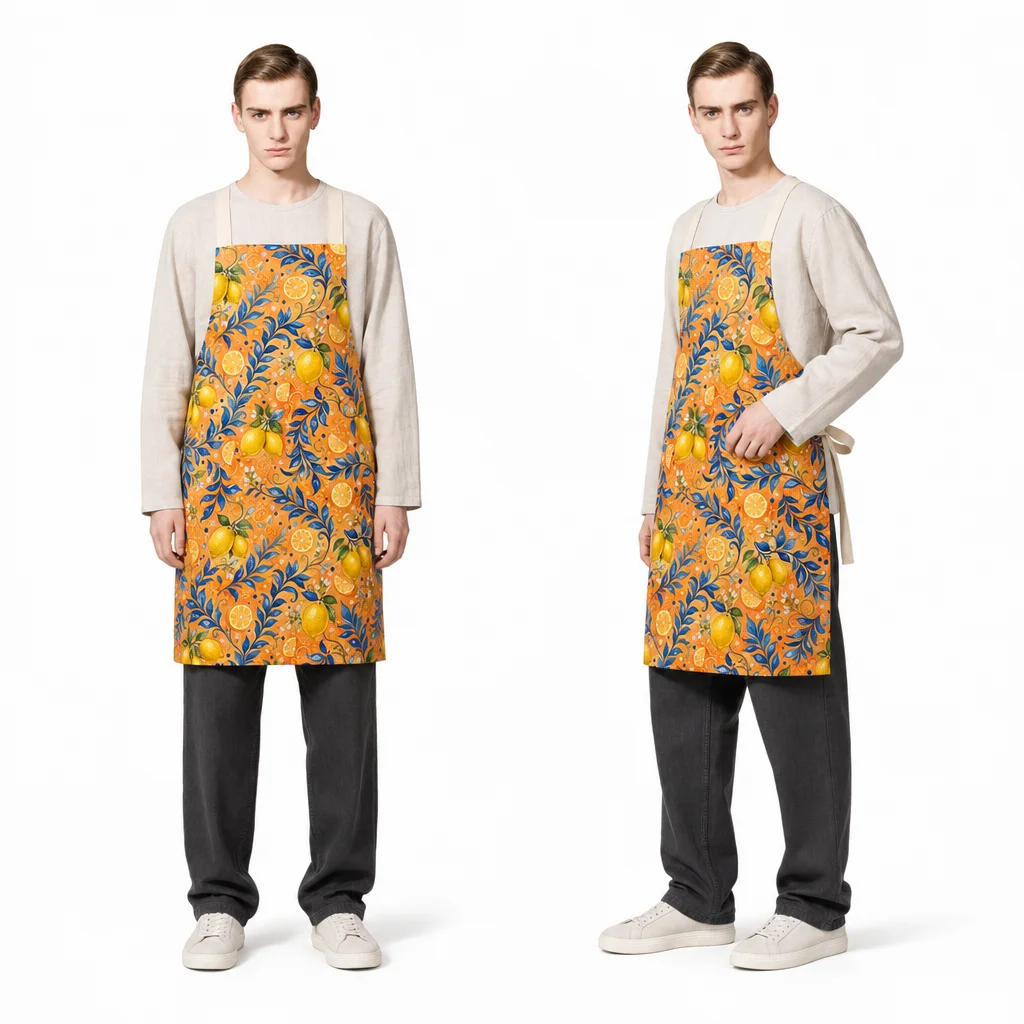 Sicilian Blue Leaf Lemon Garden All-Over Print Apron - worn by model