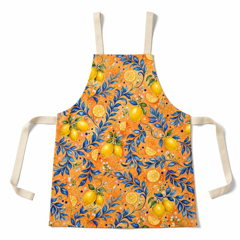 Sicilian Blue Leaf Lemon Garden All-Over Print Apron - flat lay