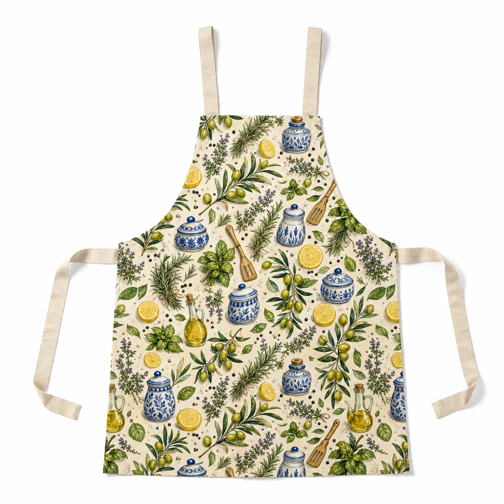 Mediterranean Herb Kitchen All-Over Print Apron - flat lay